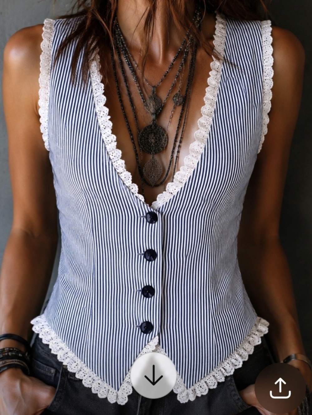 Futario Vintage Lace-Trim Striped Button Front Vest Womens Size Medium